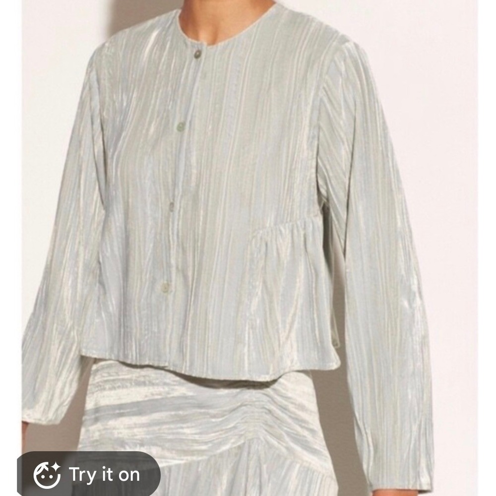 Vince Sage Green Crushed Velvet Button Front Blouse Top XS Shimmer Pleated